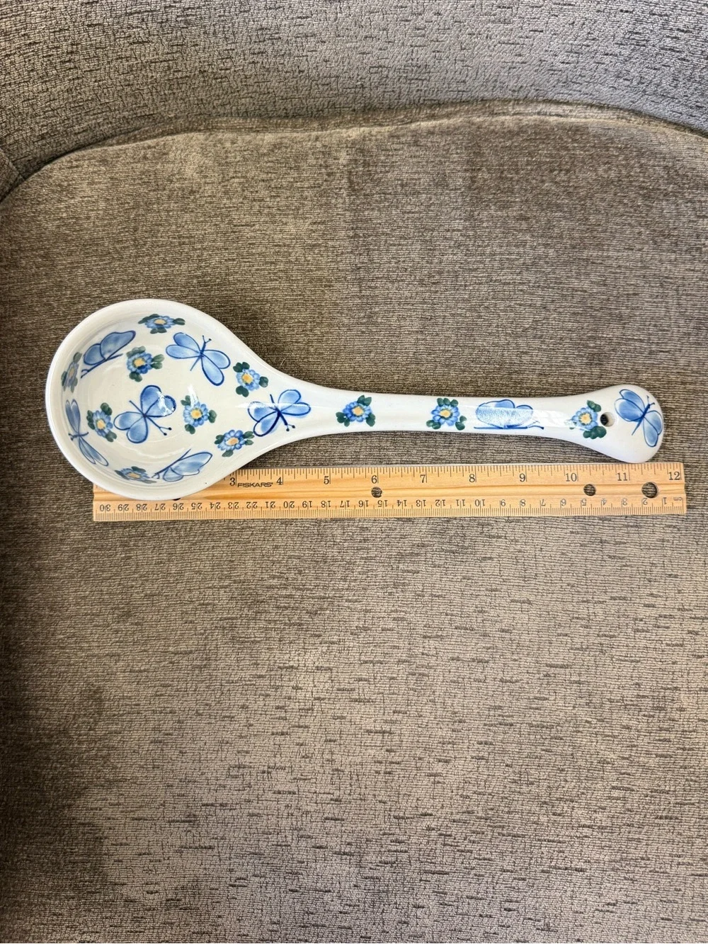 Polish Pottery Blue Butterfly & Floral Ceramic Large Ladle Signed A. Beszayi.